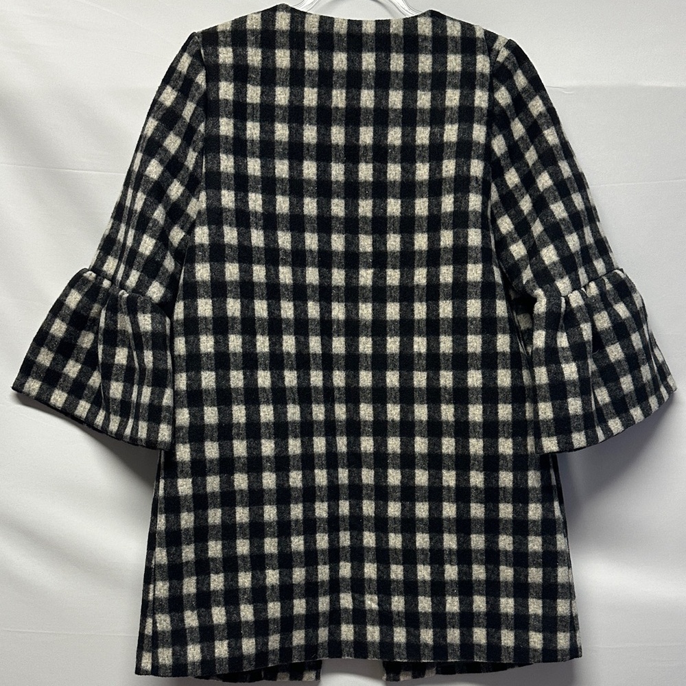 Lipslide Women’s Buffalo Plaid No-Collar Coat Black White Ruffle Bell Sleeves M - Picture 3 of 3